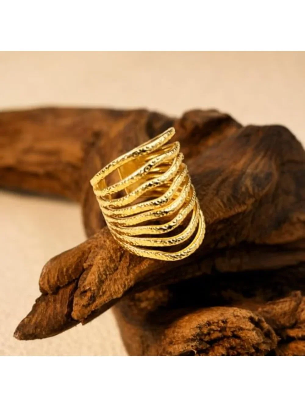 Gold Multi Layer Statement Ring, Wide Band Open Finger Stack Look Ring